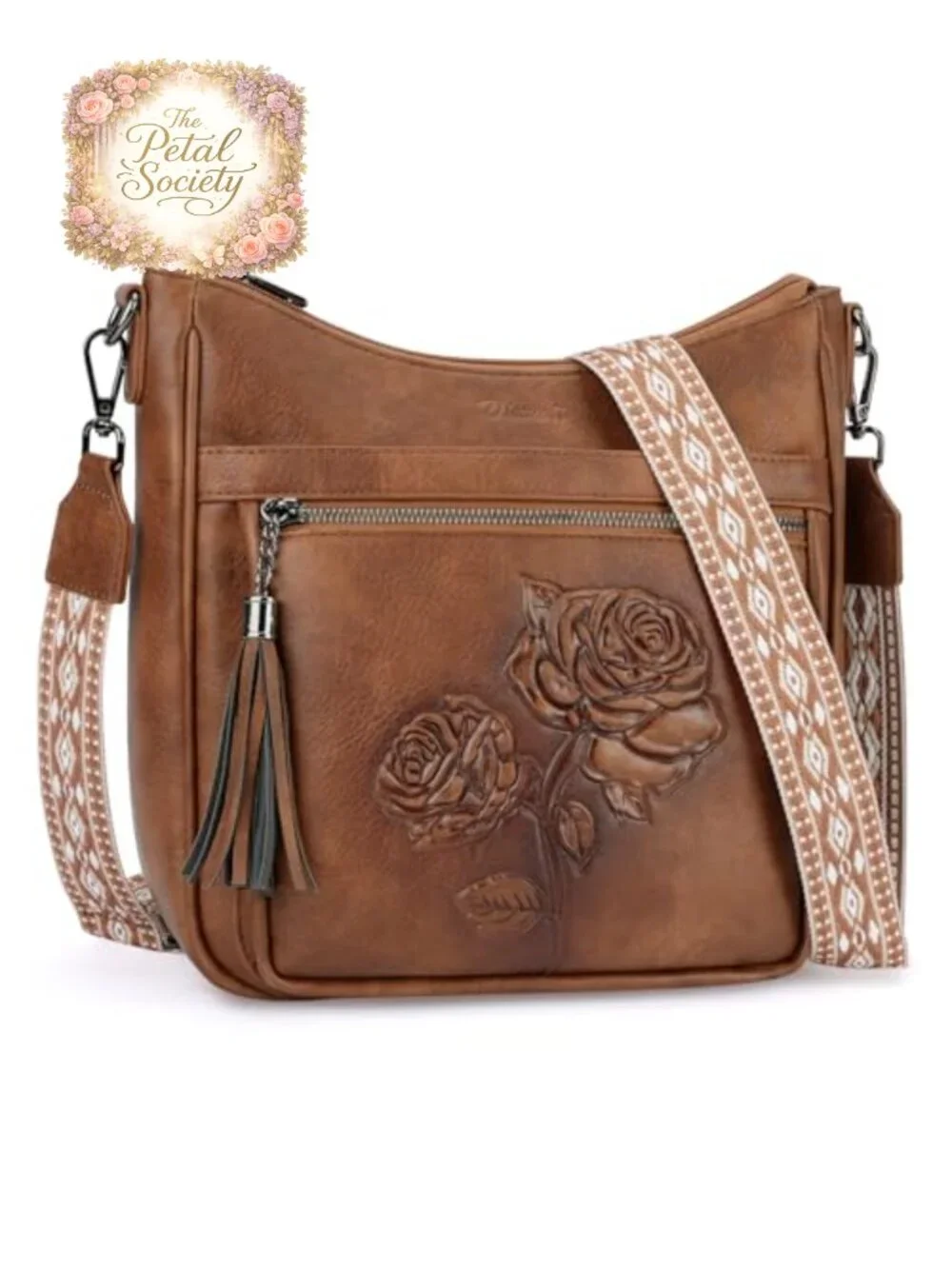 Vegan Leather Hobo Crossbody Bag Embossed Floral Shoulder Purse